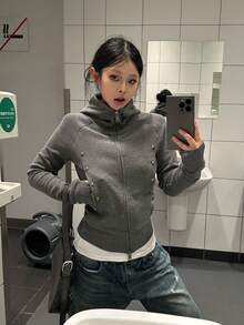 Women's American Street Style Rivet Slim Fit Cinched Waist Hooded Zip-Up Sweatshirt Jacket, Autumn New Design - Grey - View 2