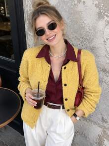 JIANHU Women's Casual Mustard Yellow Round Neck Fuzzy Knit Cardigan Sweater, Long Sleeve Loose Fit Front Button Top, Soft And Comfortable For Autumn/Winter Vacation Wear - Yellow - View 2