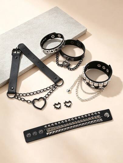 5Pcs Gothic Heart Chain Set, Heart & Star Detail, Punk Dark Style, Faux Leather Alloy, Women Choker Bracelet Ear Cuff, All Season Party Accessory