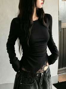 Women's Round Neck Long Sleeve T-Shirt, Spring/Autumn New Lace Trim And Ruched Waist Design, Casual Versatile Slim Fit Solid Color Top, Fashionable Daily Wear - Black - View 9