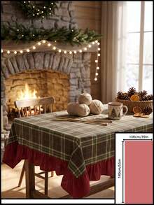 1pc Green Brown Red Classic Large Plaid Tablecloth Traditional Country Style Rectangular Burgundy Ruffle Edge Pleated Detail Stain-Resistant Protective Tablecloth For Home Long Table Suitable For Christmas Family Gathering And Winter Holiday Dining Room Decor - Green - View 18