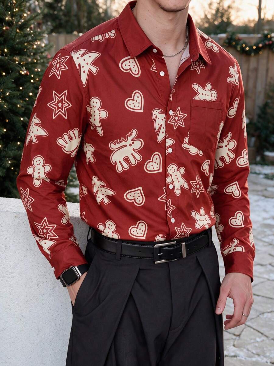 Men's Holiday Christmas Gingerbread Man All-Over Print Stand Collar Long Sleeve Shirt - Multicolor - View 1