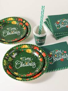 10/20pcs Christmas Disposable Paper Tableware Set, Includes 7-Inch And 9-Inch Plates, Cups, Napkins And Straws; Featuring Deep Green "Merry Christmas", Poinsettia And Bell Decorative Patterns, Suitable For Christmas Parties, Holiday Dinners, Winter Celebrations And Holiday Table Decor. - Multicolor 3 - View 7