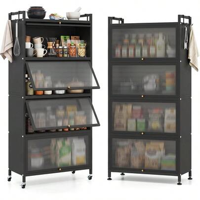 Organizador de Gabinete de Almacenamiento de Cocina, Estante de Despensa Móvil para Panaderos, Estante de Microondas de Cinco Niveles con Puertas Transparentes Abatibles y Ganchos Colgantes, Estilo Minimalista, Negro, Una Pieza
