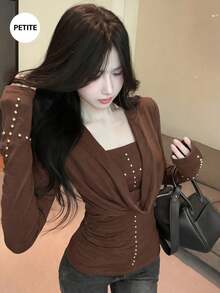 American Style Hot Girl Low Neck Long Sleeve Slim Fit Studded Tube Top 2 Pieces Set - Brown - View 2
