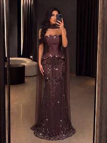 Women's Romantic Off-Shoulder Mermaid Evening Gown, Sequin Pearl And Rhinestone Decorated Formal Dress, Suitable For Prom - Coffee Brown - View 4