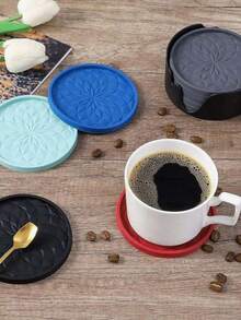 6/1pc Thick Solid Color Minimalist Silicone Round Coasters With Storage Rack, Non-Slip Heat-Resistant, Suitable For Kitchen, Dining Table, Cafe, Picnic, Holiday Party, Birthday Party, Gathering - Multicolor - View 6