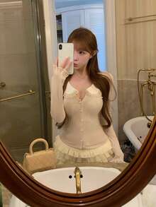 Sweet Sexy Peter Pan Collar Inner Layer Knit Cardigan Lace Trim Women's Top - Apricot - View 4