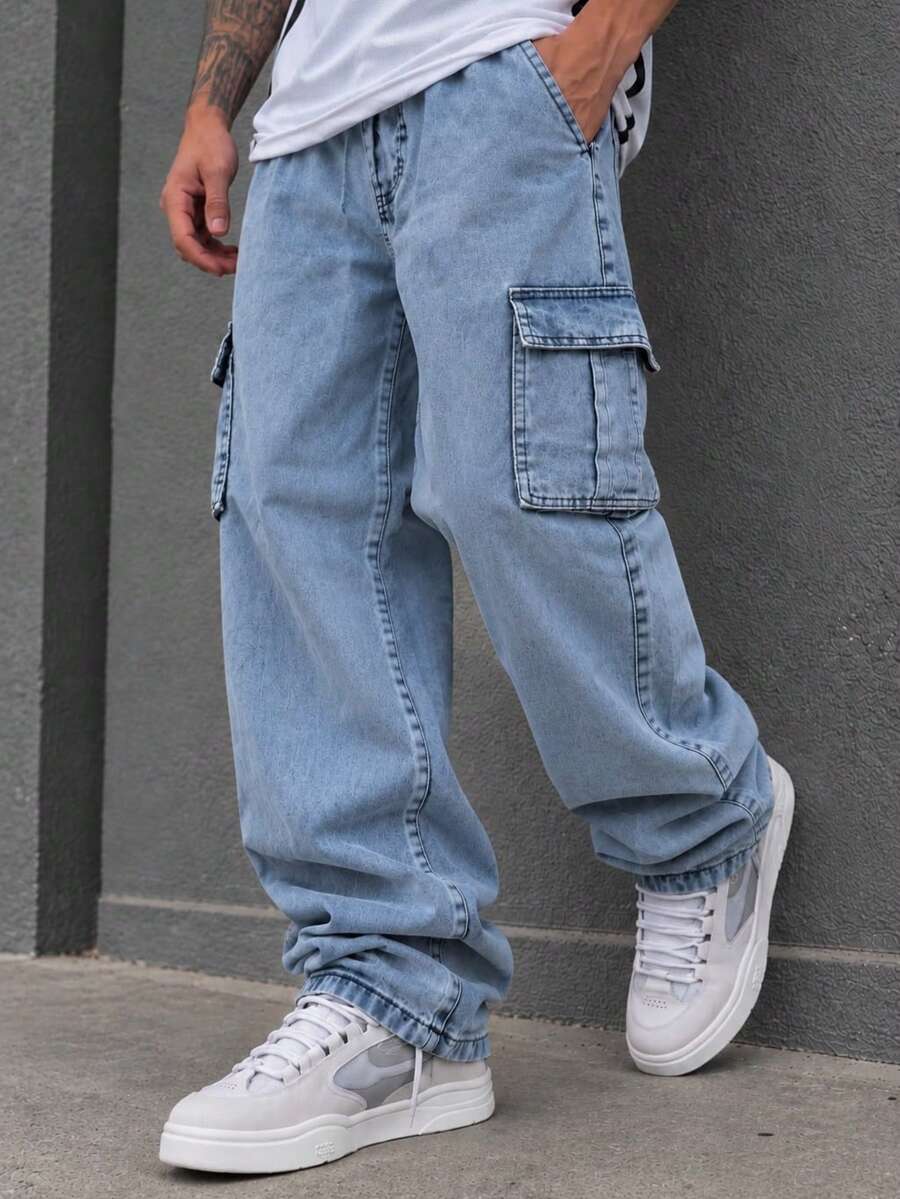 Calça Cargo Jeans Masculina Feminina Jeans Claro Oversized 6 Bolsos Confortável Casual  Cintura Elástica Cordão Estilo Skate P, M, G, GG, G1