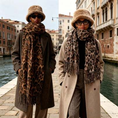 Damen Leopardenmuster Polyester eleganter multifunktionaler warmer Schal, geeignet für den täglichen Gebrauch, ideal für saisonale Übergänge, lässige Outfits, winddicht und warm, rotes Weihnachts- und Neujahrsgeschenk