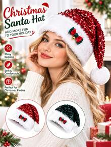 2/1pc New Christmas Hat Red Sequin Bow Plush Decorative Hat, Oversized Thick Long Fur Christmas Hat, Holiday Atmosphere Decoration, High-End Holiday Decor - Multicolor - View 2