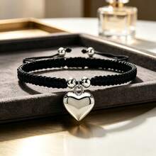 1Pc Multicolor Handmade Braided String Bracelet Silver Big Heart Pendant Rope Bangle For Women Couple Cute Casual Jewelry Gift - Large Silver Heart - View 2