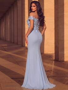 Women's Romantic Light Blue Chiffon Cold Shoulder Long Formal Mermaid Dress, Decorated With Exquisite 3D Floral Chest Embellishment And Lace-Up Back - Baby Blue - View 2