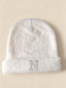 1pc Women's Customized A-Z Letter Rhinestone Pearl Plush Cuffed Knit Beanie, Warm Winter Christmas Gift Hat - White - View 15