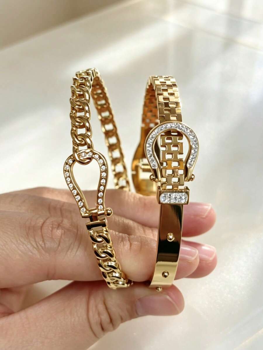 2 peças/1 peça Conjunto de Pulseiras de Aço Inoxidável Dourado com ...