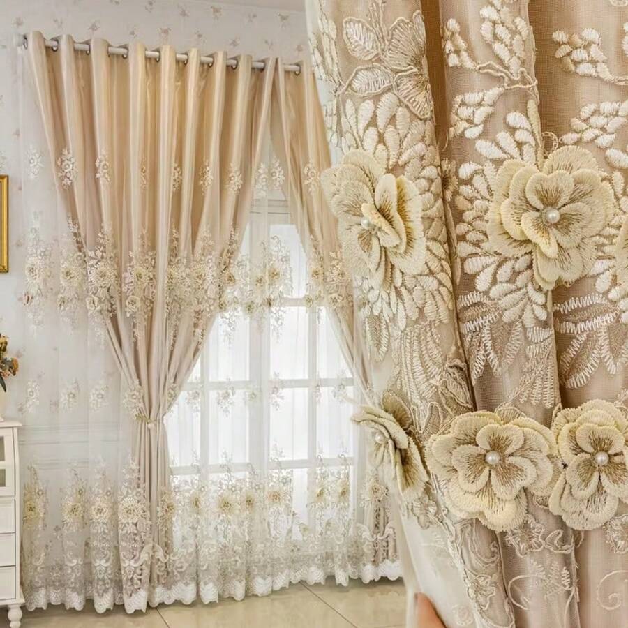 1pc Elegant Double-Layer Embroidered Floral Pattern Curtain - Stain ...
