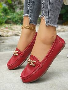 Sepatu Loafer Slip-On Rantai Emas Bergaya Baru untuk Wanita, Sepatu Kasual Datar Karet Ringan dan Nyaman Serbaguna - Merah - View 3