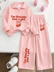 2pcs/Set Girls Half-Zip Polo Collar Letter & Cherry Print Sweatshirt With Casual Wide Leg Pants, Sweet Style Autumn/Winter Outfit - Pink - View 1