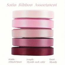 5 Rolls Mixed Color 3/8 Inch Wide Premium Double-Faced Satin Ribbon, For Wedding Gift Wrapping, Bridal Party Decoration, Bouquet DIY Crafts, 5 Colors * 10 Yards - Pink - View 2