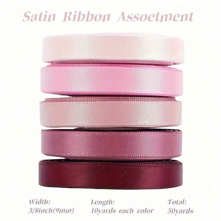 5 Rolls Mixed Color 3/8 Inch Wide Premium Double-Faced Satin Ribbon, For Wedding Gift Wrapping, Bridal Party Decoration, Bouquet DIY Crafts, 5 Colors * 10 Yards