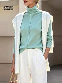 ROSIE POPHUB Women Blue Turtleneck Button Front Long Sleeve Knit Sweater Slim Elegant Commute Christmas Top For Fall Winter - Blue - View 2