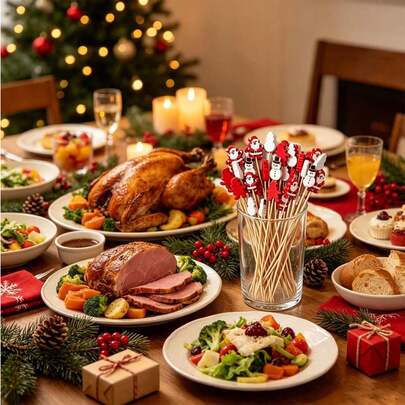 400/200/100/50/20/10pcs Multi-Functional Christmas Cold Appetizer Decoration Bamboo Skewers, Santa Claus, Snowman, Red Reindeer Mixed 3D Wooden Pieces. Sturdy And Non-Bending Bamboo Skewers With Smooth Touch, Suitable For Dessert, Fruit, Appetizer Decoration. Christmas Theme Party, Holiday Afternoon Tea, Commercial Dessert Table Arrangement, Exquisite Small Accessories, Let Every Dish Carry The Holiday Atmosphere.