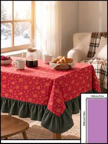 1pc Red Background Gold Christmas Bell Snowflake Print Tablecloth, Traditional Country Style, Rectangular Green Leaf Edge With Pleated Details, Stain-Resistant Protective Tablecloth For Home Long Table, Suitable For Christmas Family Gatherings And Winter Holiday Dining Room Decor - Red - View 20