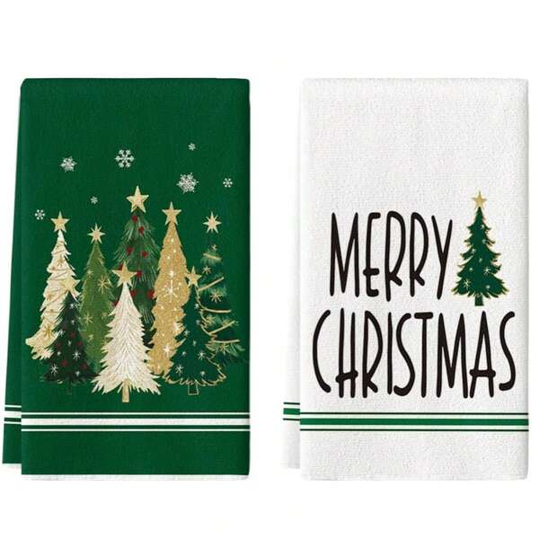 2 piezas Toalla de baño navideña, patrón de árboles de Navidad verdes, suave, fácil de limpiar y reutilizable, excelente decoración de baño y regalo, artículos de primera necesidad