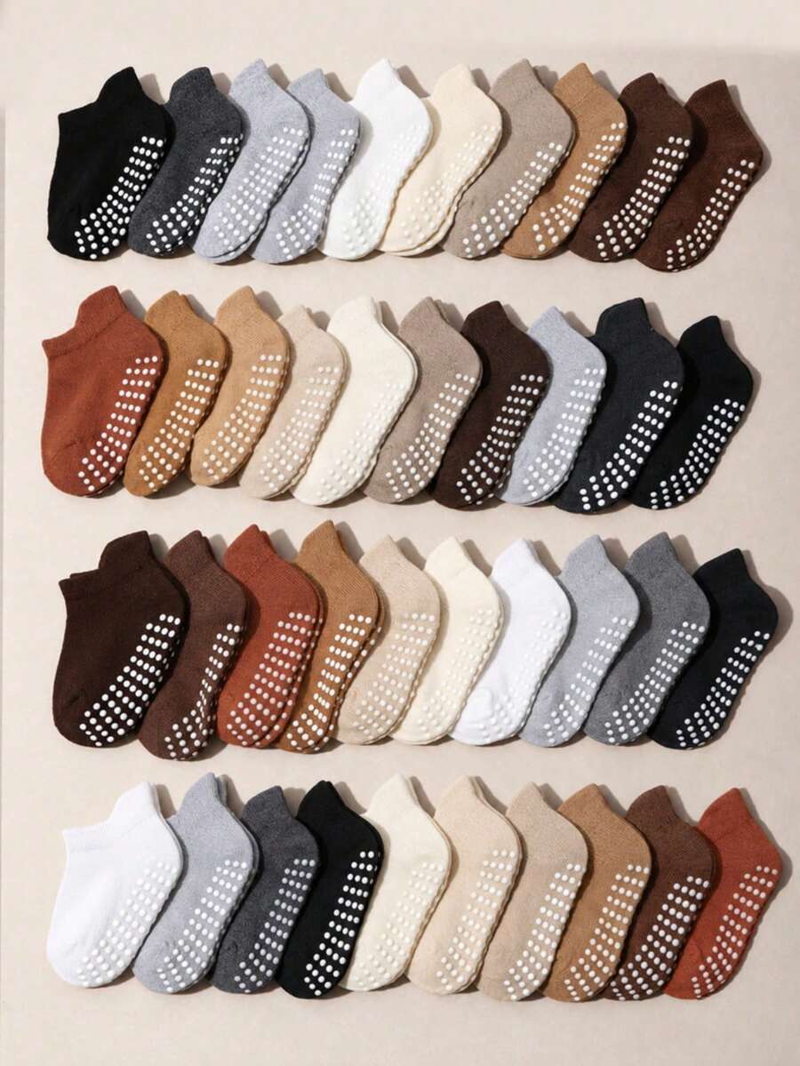 20 Pairs Random Baby Solid Color Mid-Calf Socks, Anti-Slip Design Short Socks, Soft And Breathable, Suitable For Toddlers, Multi-Color Neutral Tones, Suitable For Daily Wear - Multicolor - View 1