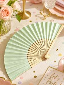 Light Green Folding Fan Gift Set With Mesh Bag And Thank You Card, DIY Handheld Bamboo Folding Fan, Wedding Favor Gift, Bride Dance Prop For Church Wedding Party - Multicolor - View 5