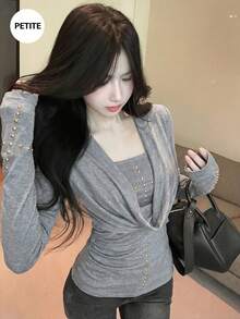 Bộ 2 món áo ống ôm sát tay dài cổ thấp đính đinh phong cách hot girl Mỹ - Xám - Xem 2