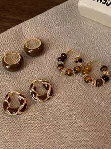 3 Pairs Vintage Brown Resin Teardrop Earrings, Gold Asymmetrical Geometric Dangle Earrings, Elegant High-End Versatile Jewelry For Women, Suitable For Daily Wear, Parties, Vacations And Gifts - Multicolor - View 7