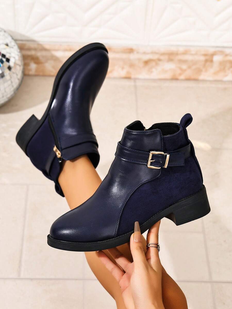Women's Autumn/Winter Solid Color Dual-Panel Fabric + Metal Buckle Side Zipper Design, Suitable For Daily Commute And Gatherings, Pairs Elegantly With Coats + Skirts, Versatile For Multiple Styles, Comfortable Flat Sole, Suitable For Long-Term Wear, Breathable Fabric Lining, Easy-To-Clean Upper, Fashionable British Autumn Ankle Boots - Navy Blue - View 1
