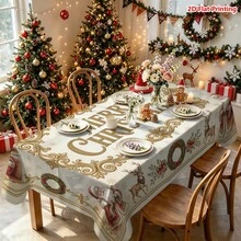 1pc Vintage Christmas Themed Tablecloth, Featuring Santa Claus, Reindeer, Wreath, Red Ribbon, Snowflake And Gold Scrollwork Border, With "Merry Christmas" Text In The Center, Suitable For Dining Table Decor, Kitchen Countertop Decoration, Picnic Camping Mat, Party Scene Creation, Farmhouse Style Accent And Holiday Tabletop Beautification. - Multicolor - View 7