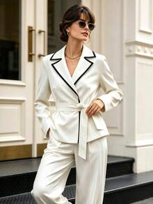 Women's Elegant Notch Lapel White Tie-Front Contrast Trim Blazer, Spring/Autumn - White - View 3