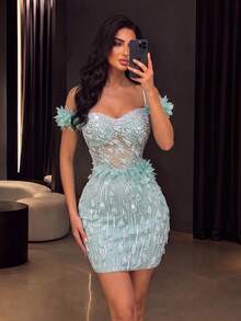 Women's Sequin Short Pencil Dress, Off-Shoulder Spaghetti Strap Design, Elegant Formal Gown, Suitable For Vacation And Wedding - Green - View 8