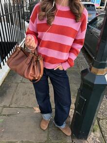 NOVELLE Women Loose Casual Dopamine Pink Striped Knit Sweater, Elegant Fall Winter Pullover For Office Home Daily Commute Date Party - Multicolor - View 1