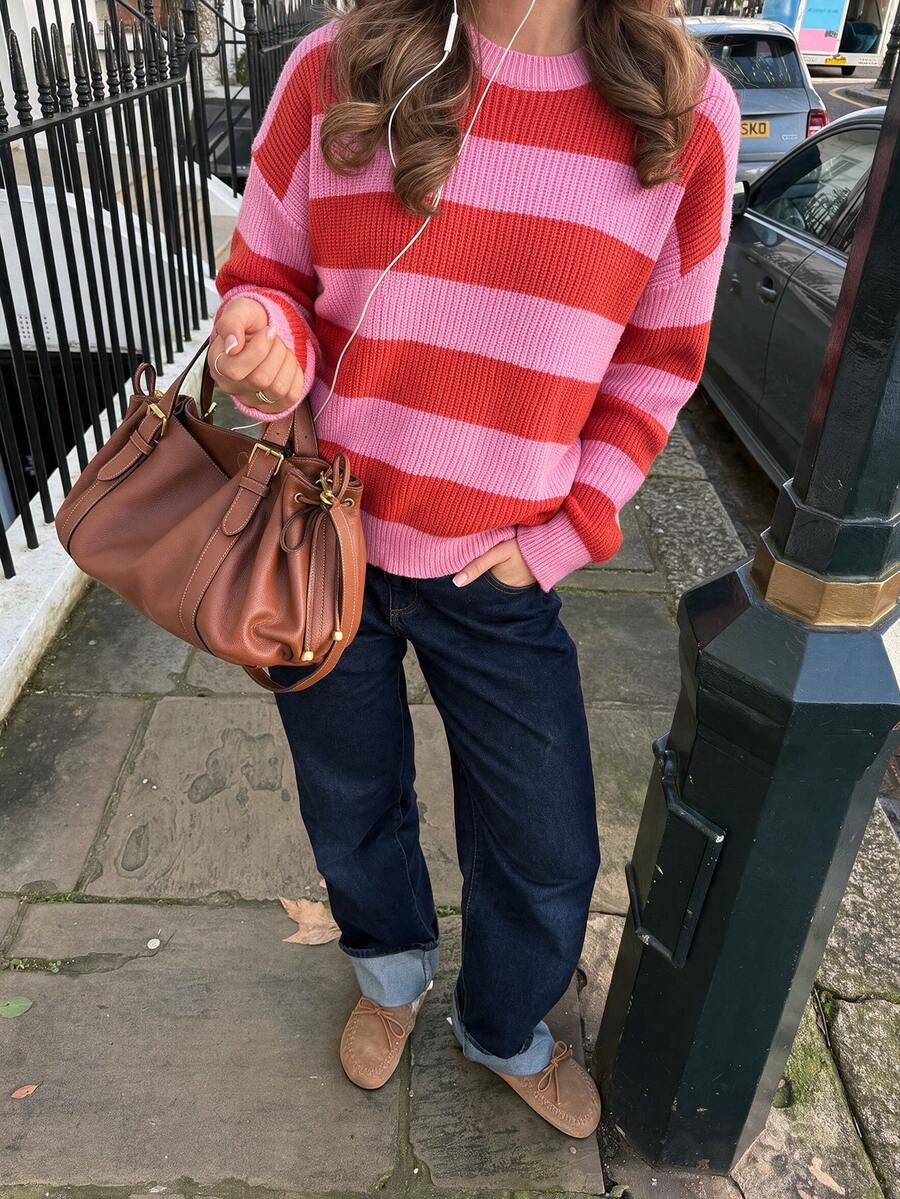 NOVELLE Women Loose Casual Dopamine Pink Striped Knit Sweater, Elegant Fall Winter Pullover For Office Home Daily Commute Date Party - Multicolor - View 1