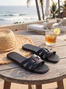 Black Interwoven Cutout Slide Sandals For Women, Elegant Square Open Toe Flat Slippers, Summer Beach Vacation Daily Casual Footwear - Black - View 5