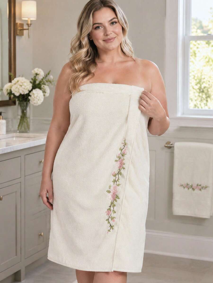 1pc-Rose Embroidered Large Bath Towel, Size 90*170 Cm, Soft And Thick, Quick-Drying, Dedicated For Home Bathing. Exquisite Rose Embroidery Adds A Gentle Atmosphere, Fluffy And Comfortable Touch, No Shedding, Available In Beige And Pink, Combining Practicality And Sweet Appearance. - Multicolor - View 1