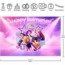KPop Demon Hunters Kpop Theme Birthday Backdrop Banner, K-Pop DemonHunters Character Banner, Neon Glowing Disco Ball & Music Note Design, With HAPPY BIRTHDAY Text, Suitable For Photo Booth Party Decoration - Multicolor - View 15