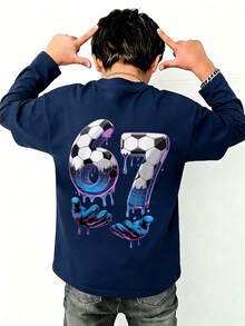Tween Boy Casual Fun Graphic Print Crew Neck Pullover Long Sleeve T-Shirt, Autumn/Winter Top - Navy Blue - View 2