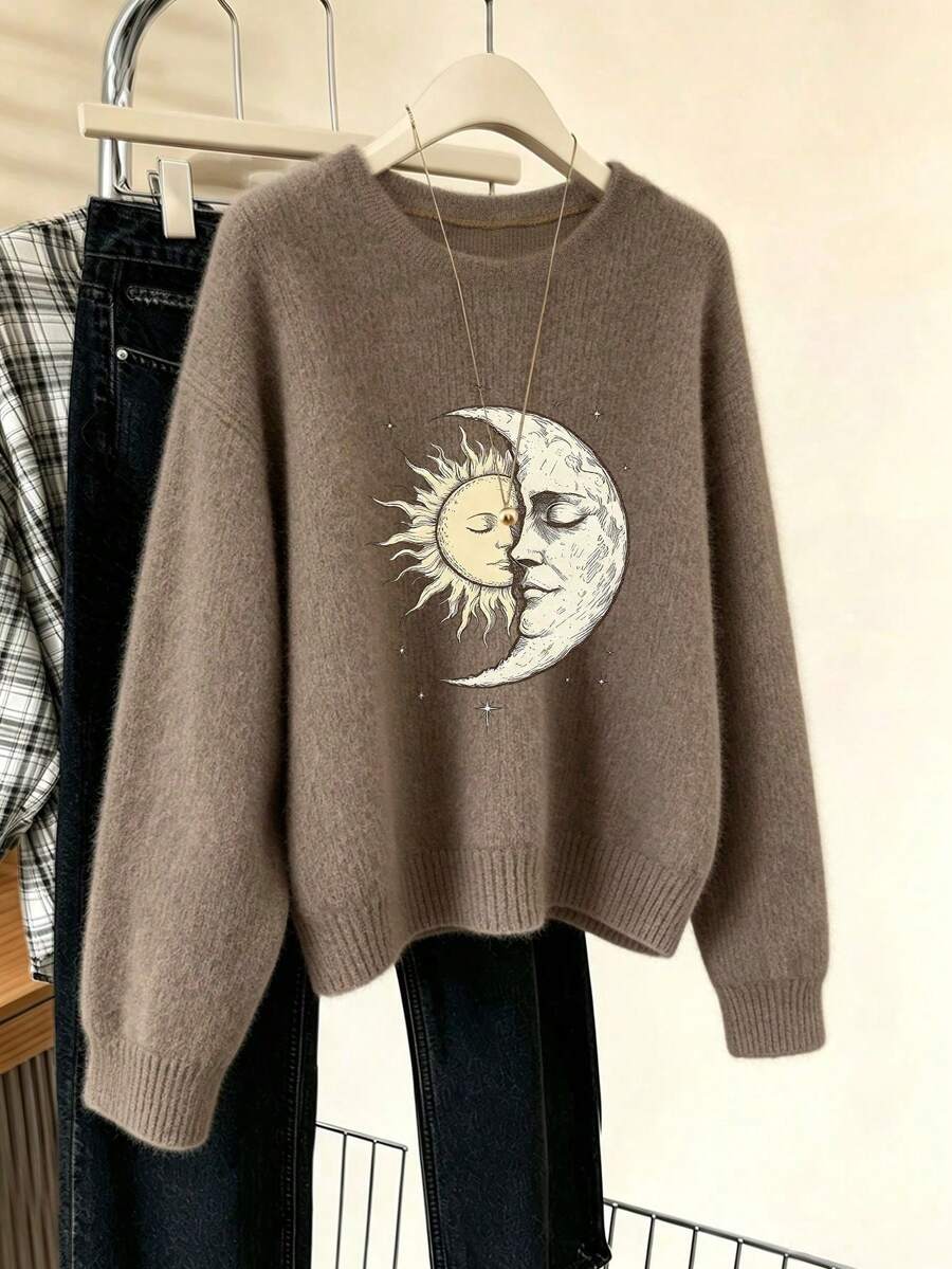 This Long Sleeve Pullover Features Sun And Moon Prints; Soft And Comfortable To The Touch, It's A Great Choice For Autumn And Winter - Earth Gray - View 1