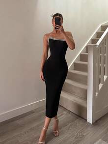 ADYCE Elegant One-Shoulder Cinched Waist Ruffle Hem Fitted Midi Party Dress, Lace-Up Back Prom Gown Black - Black - View 2