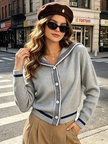 Preppy Contrast Trim Sailor Collar Sweater, Textured Single-Breasted Short Casual Knit Cardigan - Grey - View 4