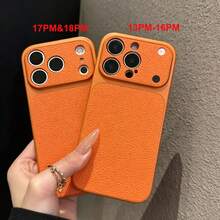 奢華 PU 皮革荔枝紋理啞光手機殼，相容 iPhone 18 Pro Max 18 Pro，防指紋硬殼，適用 17 Pro Max 16 Pro Max 15 14 Plus 13 Pro Max 12 11 16e 17e，18 & 17 系列大窗蓋 - 橘色 - 查看 8