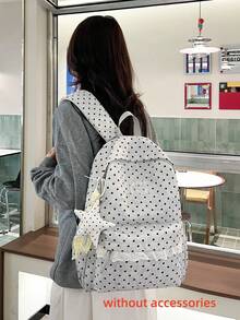Polka Dot Lace Decor Daypack + Multi Pocket & Lightweight + School Daily Commute + White Black Dots Adjustable Strap Casual Backpack - Multicolor - View 2