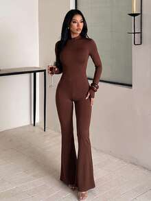 Autumn Solid Color Long Sleeve Flared Leg Jumpsuit, Street Casual Basic Party - Brown - View 2