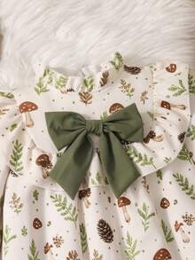 Young Girls Vintage Mushroom & Plant Print Dress, Ruffle Hem Big Bow Long Sleeve Loose Casual Cover-Up Dress - Mint Green - View 7