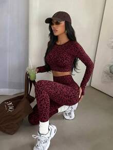 Seamless Basic Leopard Print Long Sleeve Sports Top & Long Pants Set - Burgundy - View 6